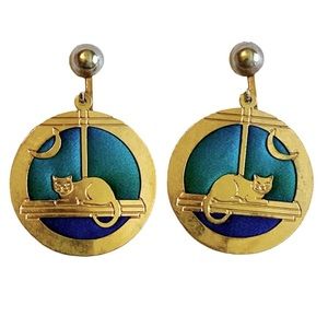 Kyle McKeown Vintage Cat Earrings Blue Gold Clip On